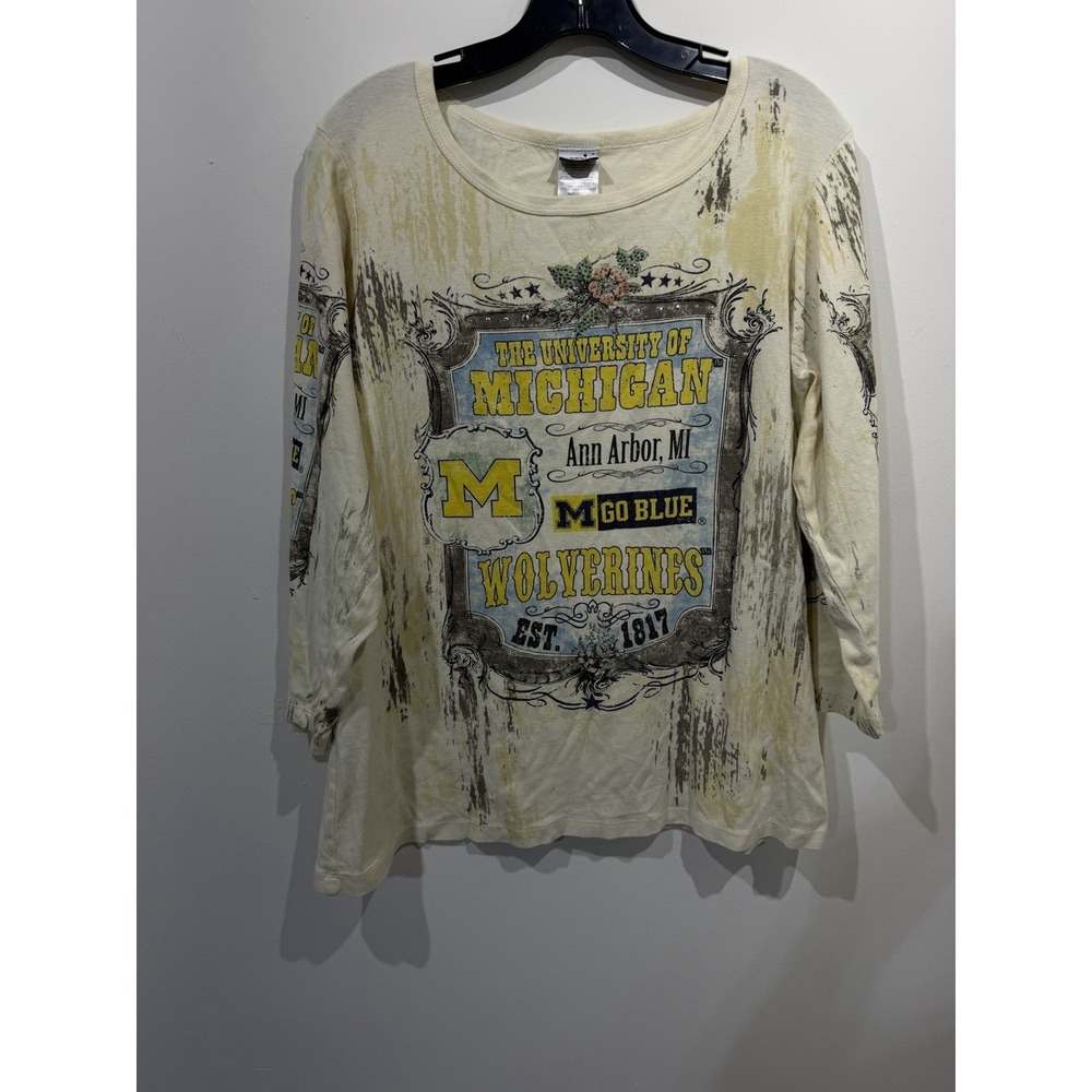 University Of Michigan Cream Color All Over Print Bling Long Sleeve Womens 2XL